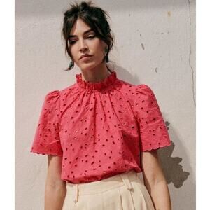 Sezane Louisah Ruffle High Neck Cotton Eyelet Short Sleeve Blouse Fuchsia 42